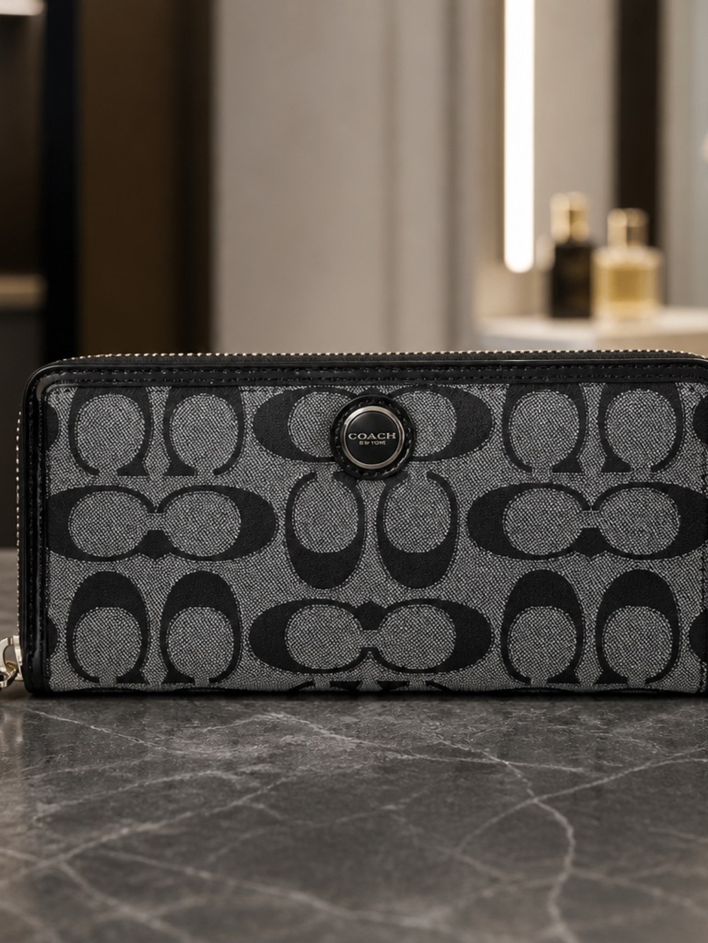 Coach Signature Canvas Zip Wallet in Black and Gray